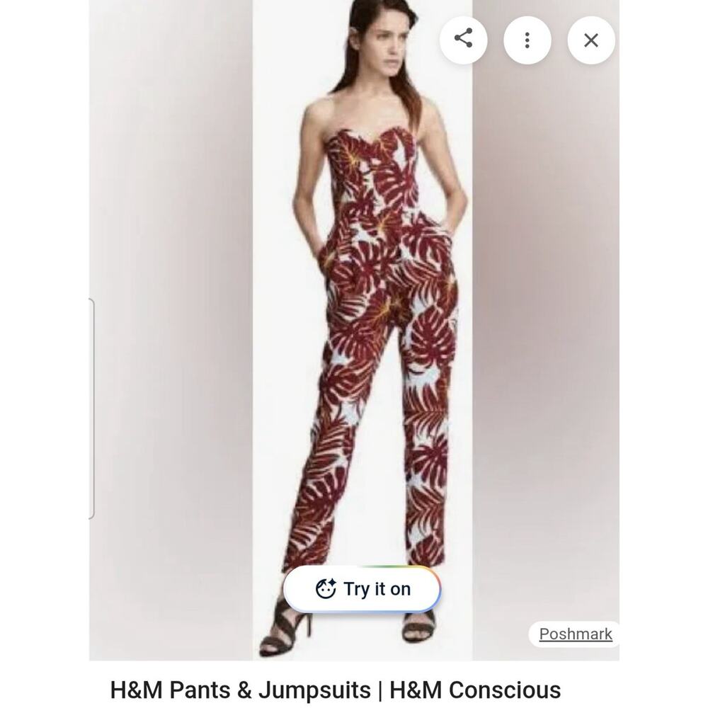 H&M Conscious Tropical Strapless Jumpsuit Size 10 Multicolor Summer blue & red